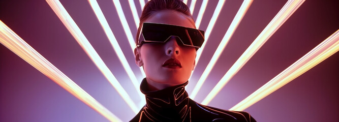 Woman with sunglasses over a neon background.