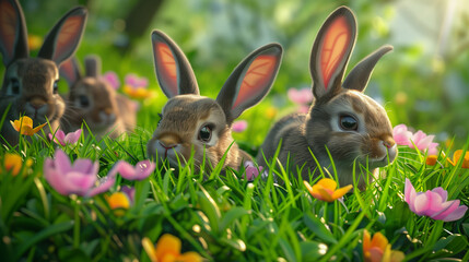 Happy Easter. Egghunt on spring meadow full of  colorful blossmoming flowers, easter bunnies and...