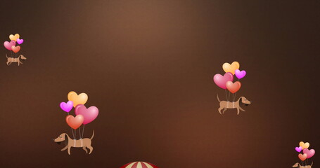 Image of colorful balloons and flying dogs over hot air balloon