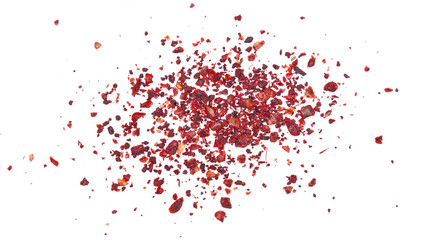 Close up ground sumac spice, pile isolated on white, top view, macro