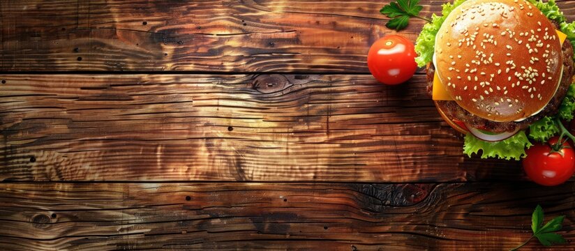 Tasty burger food on wooden board background top view. AI generated image