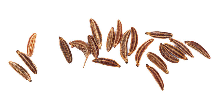 Close up cumin pile isolated on white, top view, macro	