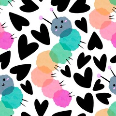 Cartoon animals seamless watercolor caterpillars pattern for wrapping paper and fabrics and linens and kids clothes