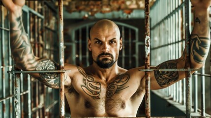 Fototapeta na wymiar Portrait of a Tattooed Man Behind Bars. Generative ai