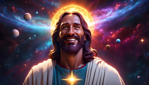heilige Figur des Christentum Jesus l&auml;chelnd vor einem bunten Universum voller Licht leuchtend mit Sternen und Planeten, Ostern Erl&ouml;ser Retter Religion Himmel gl&auml;ubig Bibel Kirche Hoffnung Zuversicht