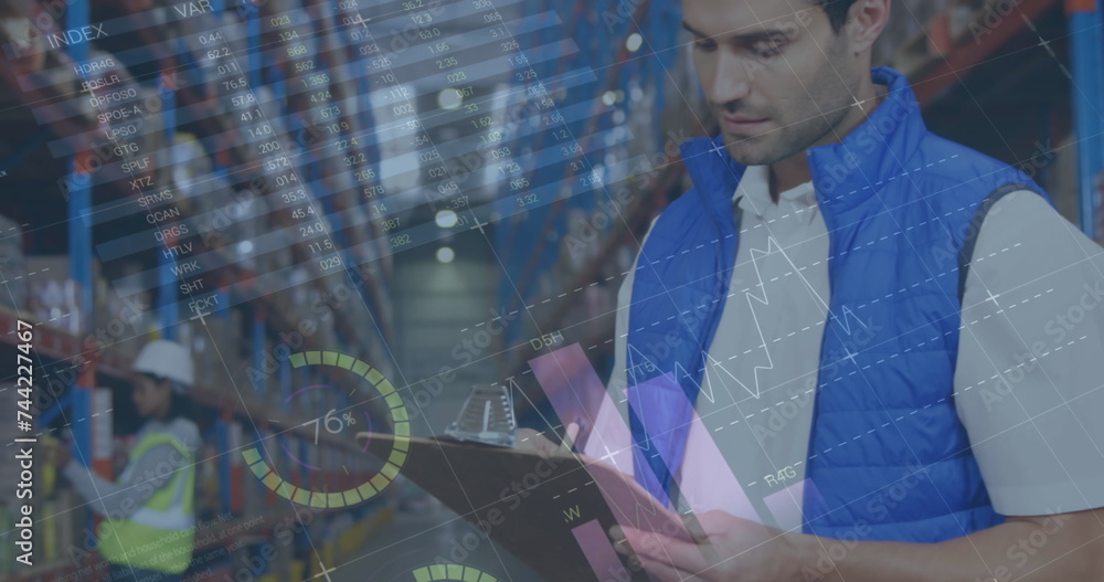 Aufkleber image of statistics and financial data processing over man working in warehouse