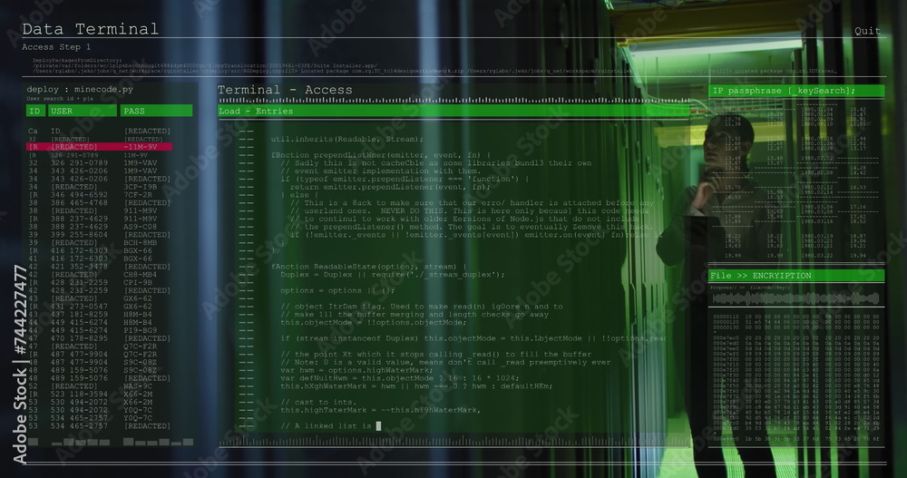 Aufkleber image of data processing over caucasian female it engineer with tablet checking computer servers