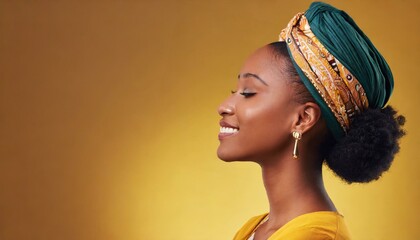 Ethnic profile portrait of a beautiful black woman wearing a traditional colorful turban on her head. African female model. Concept of pride, race, feminism. Isolated on background with copy space.