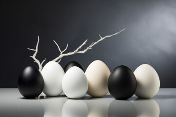 Monochromatic Easter eggs with a touch of gold, set against a dark backdrop with a white branch, create a dramatic and stylish look. Ideal for a luxurious holiday theme or contemporary art displays