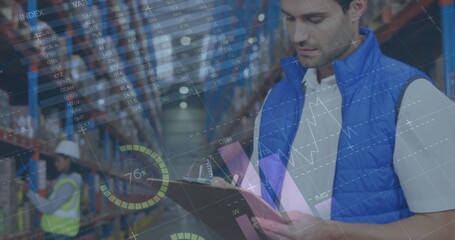 Image of statistics and financial data processing over man working in warehouse