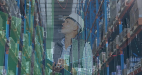 Image of statistics and financial data processing over man working in warehouse