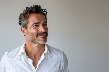 Fototapeta premium Smiling American man with a close and natural expression, showing a handsome and amusing demeanor.