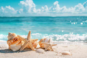 Fototapeta na wymiar Sunny tropical beach with turquoise ocean, summer vacation background, sea shells and starfish on the beach,