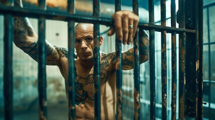 Portrait of a Tattooed Man Behind Bars. Generative ai - obrazy, fototapety, plakaty