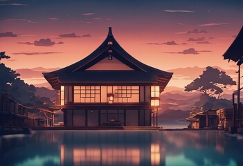 A beautiful japanese house at sea water in the late evening anime cartoonish artstyle cozy lofi...