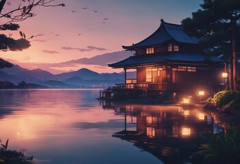 A beautiful japanese house at sea water in the late evening anime cartoonish artstyle cozy lofi House on river bank - Powered by Adobe