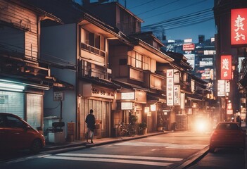 A beautiful japanese tokyo city town in the evening houses at the street anime cartoonish art style