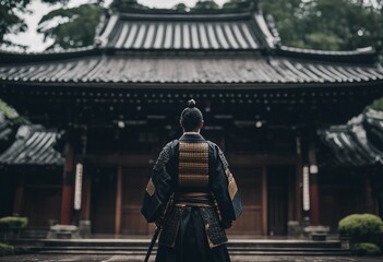 a epic samurai with a weapon sword standing in front of a old japanese temple shrine rainy day back...