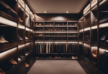 A photo of a interior of a luxury male wardrobe full of expensive suits shoes and other clothes boutique