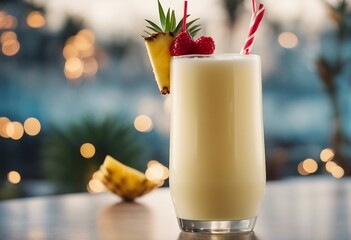 Closeup photo of fresh cold alcoholic fruit pinacolada cocktail drink glass with cream and...