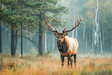 Naklejka na ściany i meble Elk Moose Cervus canadensis standing in the forest, World Wildlife Day, March