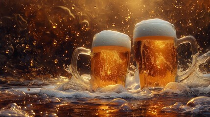 Draft beer glasses on wet table in setting sun rays, perfect for relaxation after work or party. - obrazy, fototapety, plakaty