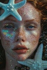 Artistic Portrait of a Woman Adorned with Starfish and Glitter