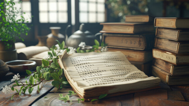 Old Chinese Medical Texts and Plants on the Table Concept Image