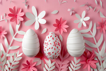 paper cut easter background. hand made easter composition with easter eggs and flowers from paper - obrazy, fototapety, plakaty
