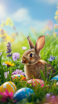 Happy Easter. Egghunt on spring meadow full of  colorful blossmoming flowers and painted eggs. Vertical banner, tiktok or instastory background