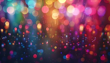 "Dive into a colorful spectacle: multicolor bokeh, blurry lights, rainbow confettis on black background, capturing vibrant city lights and mesmerizing night atmosphere."