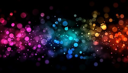 "Dive into a colorful spectacle: multicolor bokeh, blurry lights, rainbow confettis on black background, capturing vibrant city lights and mesmerizing night atmosphere."