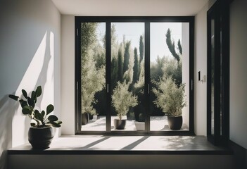 Minimalism modern architecture design sunlight and white color with large window Plants olive trees outside View from house in nature environment