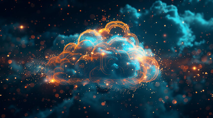 abstract digital cloud background, dark blue and orange ambiance, cloud computing - obrazy, fototapety, plakaty