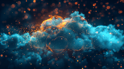 abstract digital cloud background, dark blue and orange ambiance, cloud computing