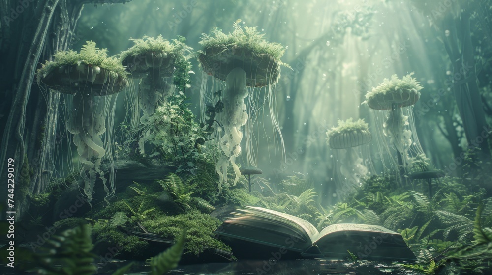Poster a hidden oasis in the heart of the forest, where delicate jellyfish float among vibrant plants in an