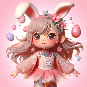Bunny Beauty: 3D Tattooed Girl in Pink Isolated Background