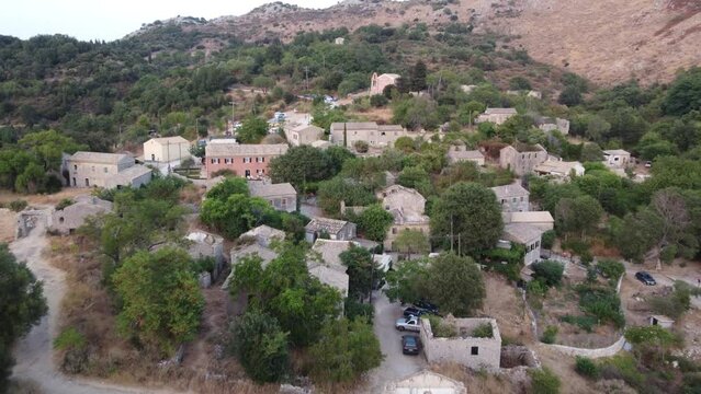 Revealing Aerial of Perithia Oldest Village of Corfu, Greece