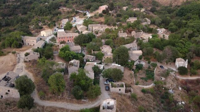 Aerial Tilt over Old Perithia Village, Corfu, Greece