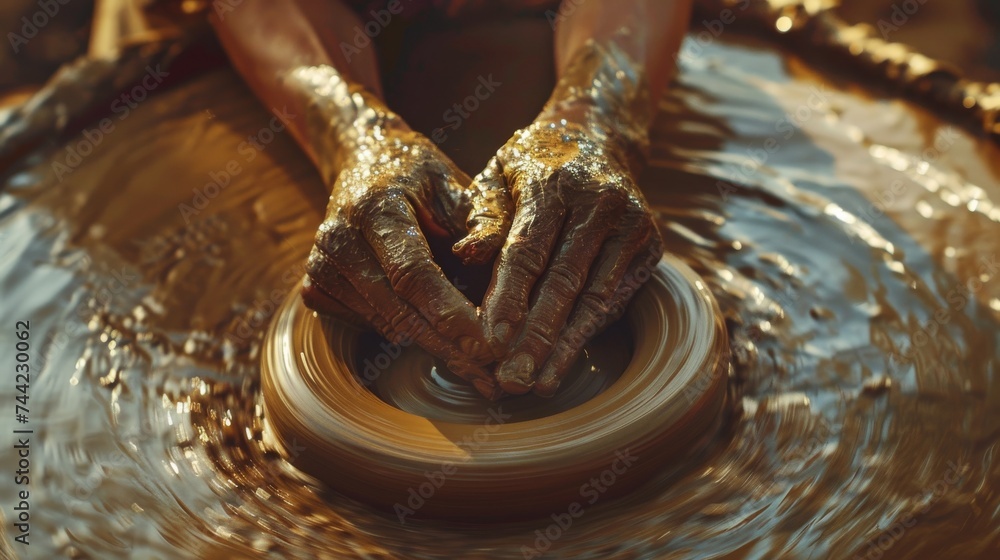 Aufkleber the skilled hands of a potter mold the wet clay on a spinning wheel, creating a beautiful and functi
