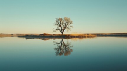 Amidst a tranquil winter sunset, a lone tree stands on a small island, its reflection mirroring the serene waters of the reservoir, creating a natural landscape that captures the beauty and abundance