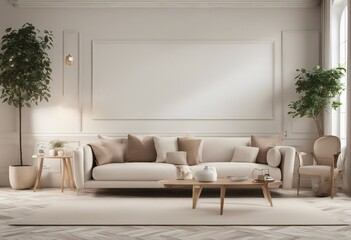 Contemporary classic white beige interior with furniture and decor Empty wall mockup Space for artwork above sofa with plants on both sides