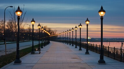 Obraz premium Twinkling lights guide the way along the waterfront boardwalk, as the sky transitions from a vibrant sunset to a starry night over the city
