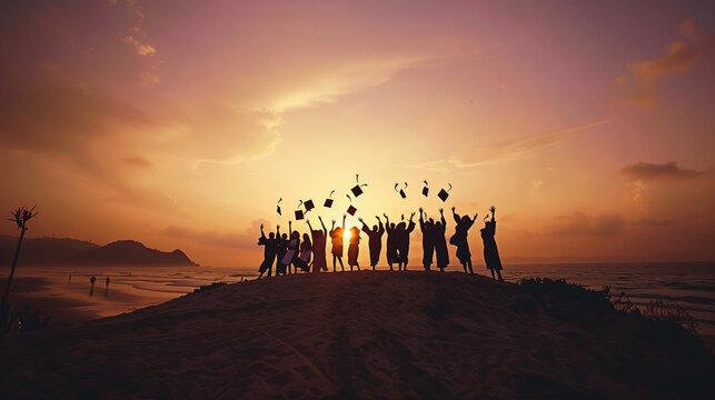Graduates tossing their caps with a backdrop of the sunset, symbolizing the end of one chapter and the beginning of a new journey