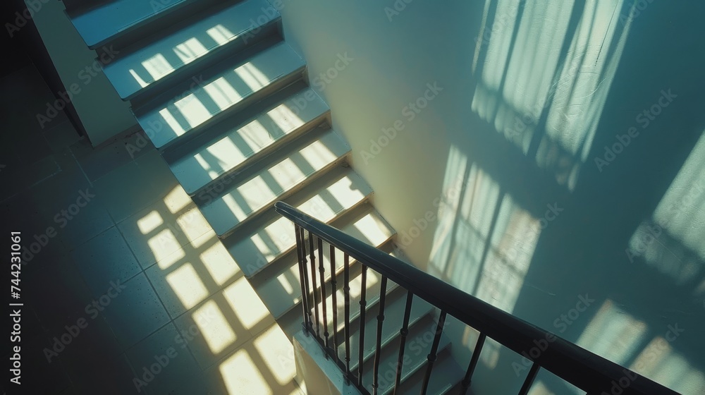 Poster a symmetrical staircase, bathed in natural light through large windows, stands tall and elegant in a