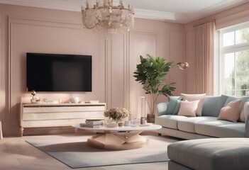Hampton style living room Home interior design 3d render illustration in pastel colors Big flat tv...