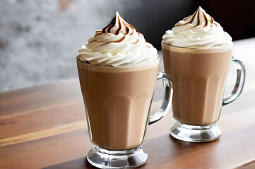 Coffee with cream in a tall glass on a wooden table. A symphony of cream and chocolate. Delicacies for every taste