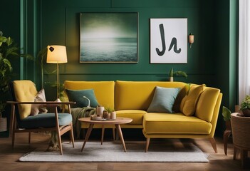 Home multicolor interior mock-up with green color wall chair lamp and yellow sofa wooden table and two artworks on the green wall