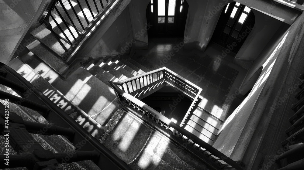 Leinwandbilder a monochrome staircase with a triangular handrail ascends towards a bright window, creating a symmet