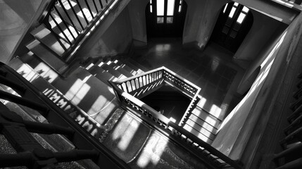 A monochrome staircase with a triangular handrail ascends towards a bright window, creating a symmetrical and illuminating indoor path in the midst of a bustling street